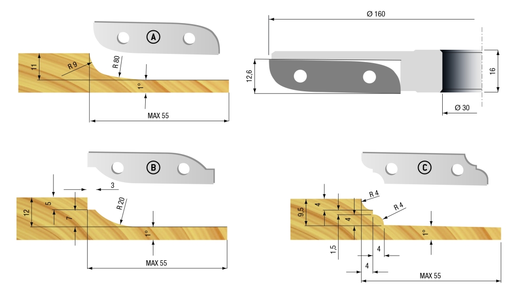 Profilplatten-Abplattfräser Set 160x12x30xZ=2 in Alu Holz Unten
